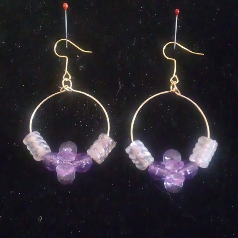 Handmade Hoop Purple/White Beaded Earrings